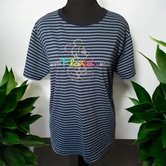 Disney Vintage Mickey Mouse Blue Striped Short Sleeve Tee L - Picture 1 of 7